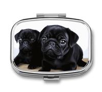 Cute Black Pug Pill Box 2 Compartments Portable Travel Pill Case Mini Medicine Organizer for Pocket Purse Metal Waterproof Medicine Container Holder Vitamin Fish Oil