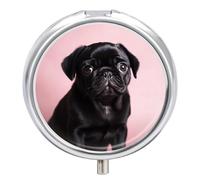 Cute Black Pug Pill Box Waterproof Portable Medicine Pill Case Moisture Proof Metal Travel Pill Box with 3 Compartment Medicine Case