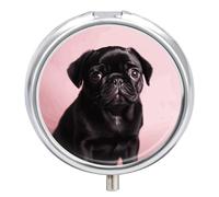 Cute Black Pug Pill Box Waterproof Portable Medicine Pill Case Moisture Proof Metal Travel Pill Box with 3 Compartment Medicine Case