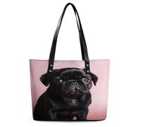 Cute Black Pug Tote Bag Large Soft Leather Purse with Zipper Lightweight Ladies Shoulder Handbag