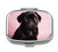 Cute Black PugPill Organizer with Mirror, 2 Compartment Metal Travel Pill Case, Weekly Medicine Container for Daily Meds, Compact & Artistic Design for Purse, Pocket, Or Wallet