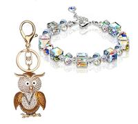 Cute Bling Crystal Owl Keychain with 1 Pcs Sugar Cube Rhinestone Bracelet, Gold Sparkling Alloy Charm Animal Pendant (A1)