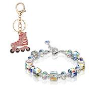 Cute Bling Crystal Skates Keychain with 1 Pcs Sugar Cube Rhinestone Bracelet, Gold Sparkling Alloy Charm Sport Pendant (A2)