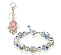 Cute Bling Crystal Turkey Eye Keyring with 1 Pcs Sugar Cube Rhinestone Bracelet, Gold Sparkling Alloy Evil Eye Charm Pendant (A2)
