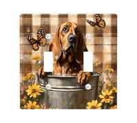 Cute Bloodhound Dog Decorative Light Switch Cover Plate 2 Gang Double Toggle, Farmhouse Plaid Flowers Electrical Switchplate, Puppy Faceplate for Kitchen Living Room Decor