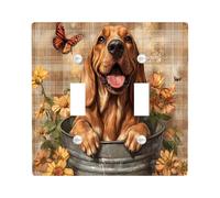 Cute Bloodhound Dog Decorative Light Switch Cover Wall Plate 2 Gang Double Toggle, Farmhouse Plaid Flowers Electrical Switchplate Puppy Faceplate for Kitchen Living Room Decor