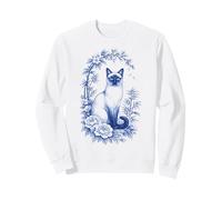 Cute Blue Chinoiserie Cat Floral Design Cottage Core Lover Sweatshirt
