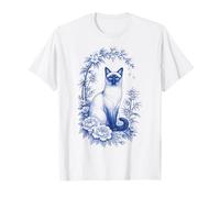 Cute Blue Chinoiserie Cat Floral Design Cottage Core Lover T-Shirt