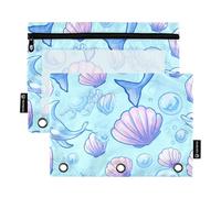 Cute Blue Dolphins Pastel Seashells Pencil Pouch for 3 Ring Binder Zipper Binder Pencils Bags Kids Clear Binders Pen Case School Pastel 9.8" x 7.1", 2 Packs