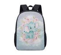Cute Blue Elephant 17 Inch Backpack Watercolor Dreamy Peony Floral School Bag for Kids Teens Artistic Graphic Daypack (01)