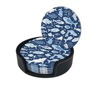 Cute Blue Fish Coasters Set Of 6 For Drinks With Holder, Classy And Simple Coasters For Coffee Table, Great Housewarming Gifts