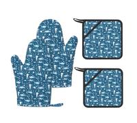 Cute Blue Fish Printed Kitchen Set with Heat Resistant Oven Mitts & Non-Slip Pot Holders for Baking Grilling