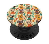 Cute Boho Cat Leaf Yellow Teal Cats Pattern PopSockets Adhesive PopGrip