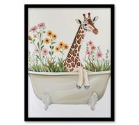 Cute Boho Giraffe in Bathtub Filled with Flowers Framed Art Print Artery8 Beige A4