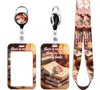 Cute Books ID Card Holder Lanyard for Keys Name Tag Rose Flowers Work Retractable Badge Holder Reel Clip ID Badge Holder Lanyard for Neck for Women Librarian Kids Teachers Nurses for Office & School