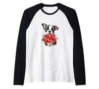 Cute Boston Terrier Dog Holding Red Roses Watercolor Art Raglan Baseball Tee
