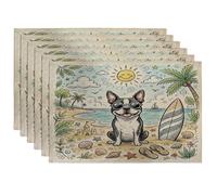 Cute Boston Terrier Dog Placemats Set of 6, 12x18 Inch, Coastal Beach Shells 6Pcs Seasonal Table Mats for Dinning, Pet Holiday Home Kitchen Decor