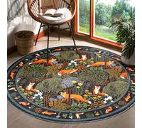 Cute Botanical 5ft Round Area Rug in Black Green Washable, Thin Profile Vintage Floral Cottagecore Rustic Bedroom Rug, Cute Summer Tropical Jungle Nature Area Rug for Living Room Entryway Kitchen