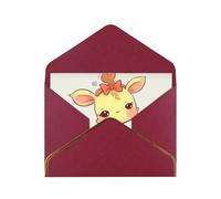 Cute Bow Giraffe Luxury Pearl Paper Greeting Card With Gold Border, Blank Inside, With Envelope - Birthday, Wedding, Christmas, Valentine