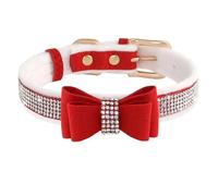 Cute Bow Soft Velvet Shiny Rhinestone Adjustable Cat Dog Collar For Shiba Inu Pomeranian Poodle Chihuahua,Red,M