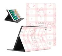 Cute Bow Tablet Case for iPad 6th/5th Gen 2018/2017 9.7", Kawaii Jesus Bible Verses Pink Ribbon Bowknot Pattern PU Leather Shockproof Protective Cover Funda for Girls Women