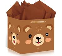 Cute Brown Bear Square Gift Bag with Tissue Paper 12 Inch Large Brown Bear Gift Box for Kids Birthday, Woodland Animal Theme Party Favor Bags for Baby Shower, Sturdy Square Paper Treat Bag Decor