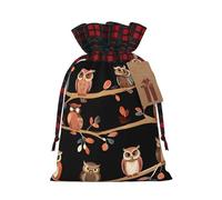 (Cute Brown Cartoon Owls) Drawstring Gift Bags with Tag Plaid Candy Bags for Holiday Christmas Party Supplies S