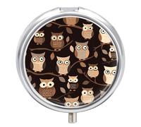 Cute Brown Cartoon Owls Pill Box 3 Compartment Portable Travel Pill Case with Mirror Round Metal Medicines Storage Container Pocket Medicine Box to Hold Vitamins Fish Oil