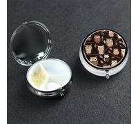 Cute Brown Cartoon Owls Pill Box with Mirror 3 Compartment Decorative Pill Case for Purse or Pocket Small Round Pill Organizer Weekly Metal Medicine Tablet Vitamin Holder Travel Gift