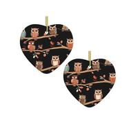 Cute Brown Cartoon Owls -Print Christmas Heart Ornament Gold Lanyard, Customizable Acrylic Pendant For Tree Decor, Wedding Favors Party Supplies.