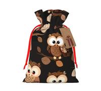 Cute Brown Cartoon Owls Printed Christmas Drawstring Bags for Xmas Gift Wrapping, Red Ribbon, M