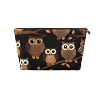 Cute Brown Cartoon Owls Printed Toiletry Bag for Women Girl Portable Travel Cosmetic Bag Leather Makeup Pouch Organizer with Gold Zipper