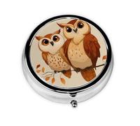 (Cute Brown Cartoon Owls) Round Pill Box with 3 Compartments Small Portable Pill Organizer for Travel