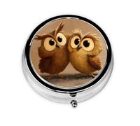(Cute Brown Cartoon Owls) Round Pill Box with 3 Compartments Small Portable Pill Organizer for Travel