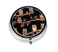 (Cute Brown Cartoon Owls) Round Pill Box with 3 Compartments Small Portable Pill Organizer for Travel