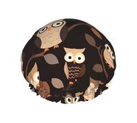 Cute Brown Cartoon Owls Shower Cap for Women Men, Adjustable Reusable Shower Bonnet Double Layer Waterproof Bath Caps, EVA Lining, Elastic Band Hair Cap for All Hair Lengths