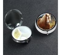 Cute Brown Horse Pill Box 3 Compartment Round Portable Pill Case for Pocket or Purse Small Weekly Medicine Planner Travel Pillbox with Mirror Decorative Metal Vitamin Holder Gifts