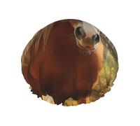 Cute Brown Horse Shower Cap for Women Double Layers Thick Hair Caps Reusable Waterproof Bath Caps with Elastic Band Hair Hat Washable Shower Hat for Men Women Spa Salon