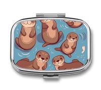 Cute Brown Otters Pill Box 2 Compartments Portable Travel Pill Case Mini Medicine Organizer for Pocket Purse Metal Waterproof Medicine Container Holder Vitamin Fish Oil