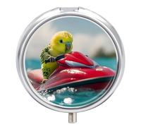 Cute Budgie on Motorboat Pill Case 3 Compartment Pillbox