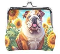 Cute Bulldog Sunflower Sky Personalized Coin Purse Holder Women Leather Buckle Kiss Lock Card Change Purse for Girls, Cute Bulldog Sunflower Sky, Classic