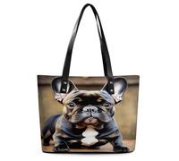 Cute Bulldog Tote Bag Large Soft Leather Purse with Zipper Lightweight Ladies Shoulder Handbag