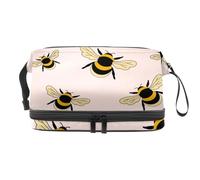 Cute Bumble Bees Pattern Double Layer Cosmetic Bag for Women and Girls, Travel Toiletry Bag Makeup Handy Pouch Organiser Bag with Brush Compartment