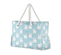 Cute Bunnies Blue Sandproof Bag Sports Tote Gym with side pocketes Large Weekender Bags with cup holders on the side