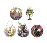 Cute Bunny 2D Easter Ornaments, 5 Pieces Stained Glass Rabbit Easter Tree Decorations, Shatterproof Acrylic Easter Egg Pendants with Lanyards, Hangable Vintage Easter Decorations, for Home Decor