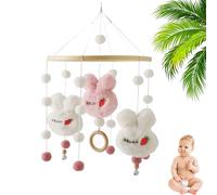 Cute Bunny Baby Crib Mobile, Soft Plush Rabbit Hanging Mobile with Bells, Natural Bamboo Nursery Decor for Newborn 0-12 Month,Newborn Baby Shower Gift for Boys Girls (Pink)