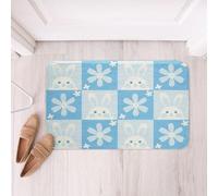 Cute Bunny Bathroom Rugs Blue Flower Soft Fleece Door Carpet Kawaii Rabbit Non Slip Bath Mat Checkered Geometric Bathroom Floor Indoor Doormat Front Door,16X24 Inch