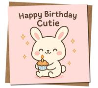 Cute Bunny Birthday Card - Happy Birthday Cutie - Kawaii Rabbit Cupcake Design, 145mm x 145mm, Includes Kraft Envelope