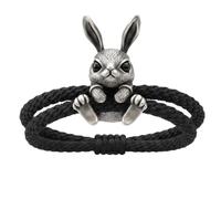 Cute Bunny Bracelet, Adjustable Braided Cord Easter Rabbit Charm Jewelry, Handmade Good Luck Animal Gift for Women, Lightweight Spring Festival Accessory Easter Basket Stuffer (Black)