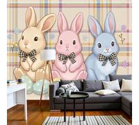 Cute Bunny Checkered Fabric Wallpaper, Country Style Animal Mural Wallpaper For Living Room, Retro Bedroom Wall Paper, Not Self Adhesive Beige 3D Large Wall Mural Home Decor Poster, 400X280Cm